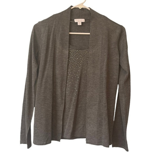 🔹5/$25🔹 Charter Club Gray 2 Piece Cardigan w/Sparkle Gem‎ Cami. Petite Small - Picture 1 of 10